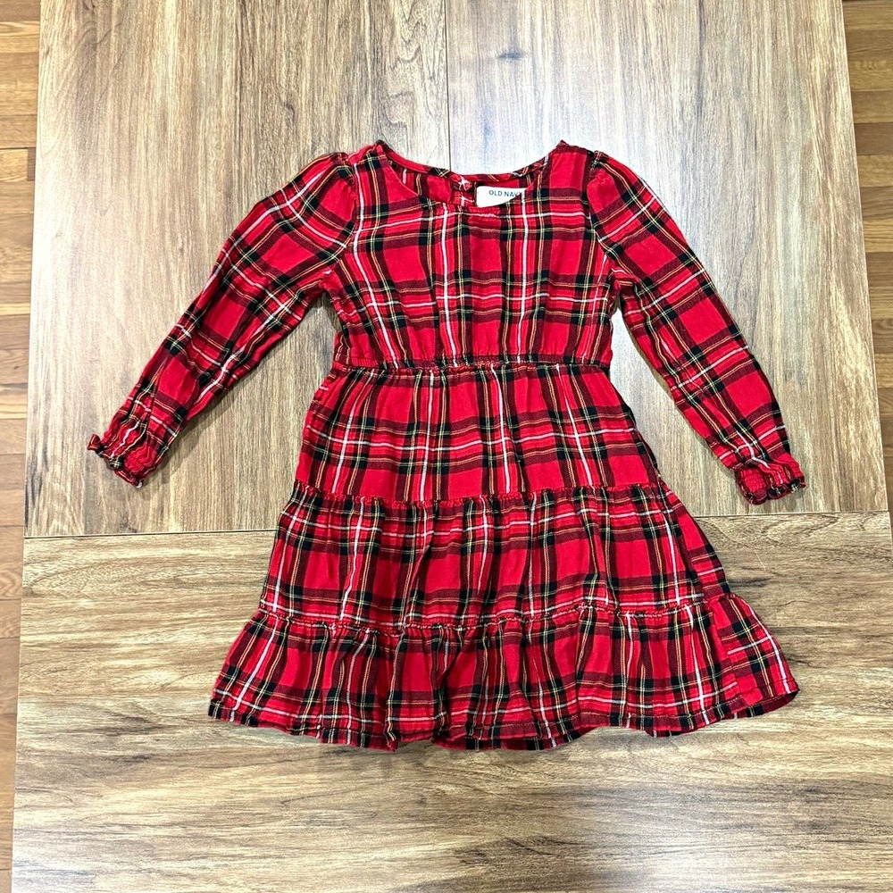 Old Navy Red Black Plaid Long Sleeve Round Neck Holiday Tiered Dress Girl Sz 5T